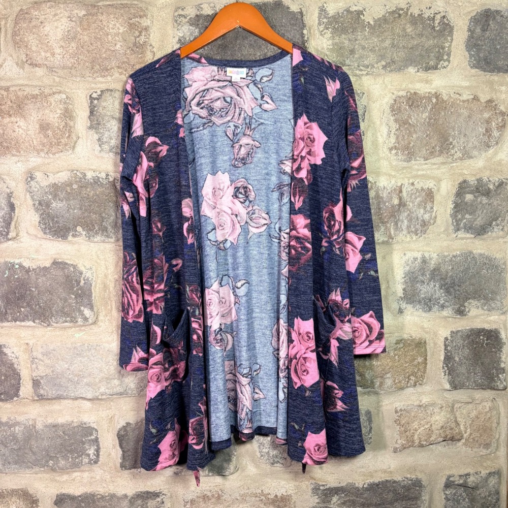LuLaRoe Sarah Cardigan Women Medium Navy Blue Pink Rose Floral Open Front Pocket